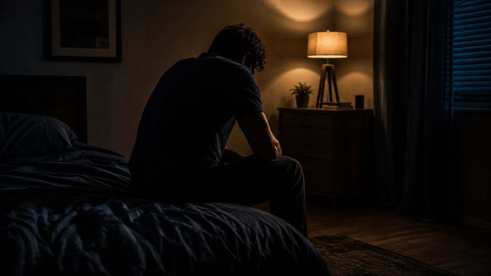 Man sitting alone at the edge of a bed at night, illustrating the private experience of shame