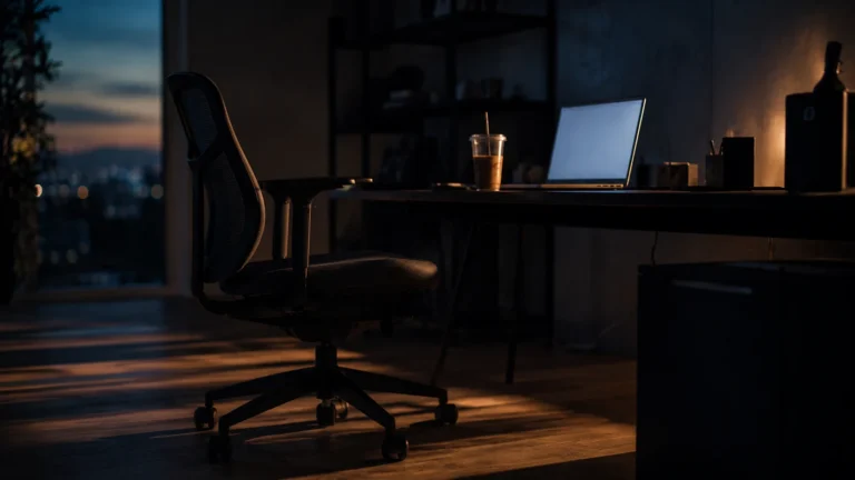 Empty office chair at a desk in the evening, illustrating the effects of sitting all day at work