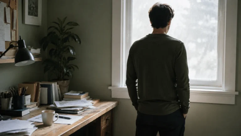 Man stepping away from his desk between focus blocks, the break the ultradian rhythm theory is built around