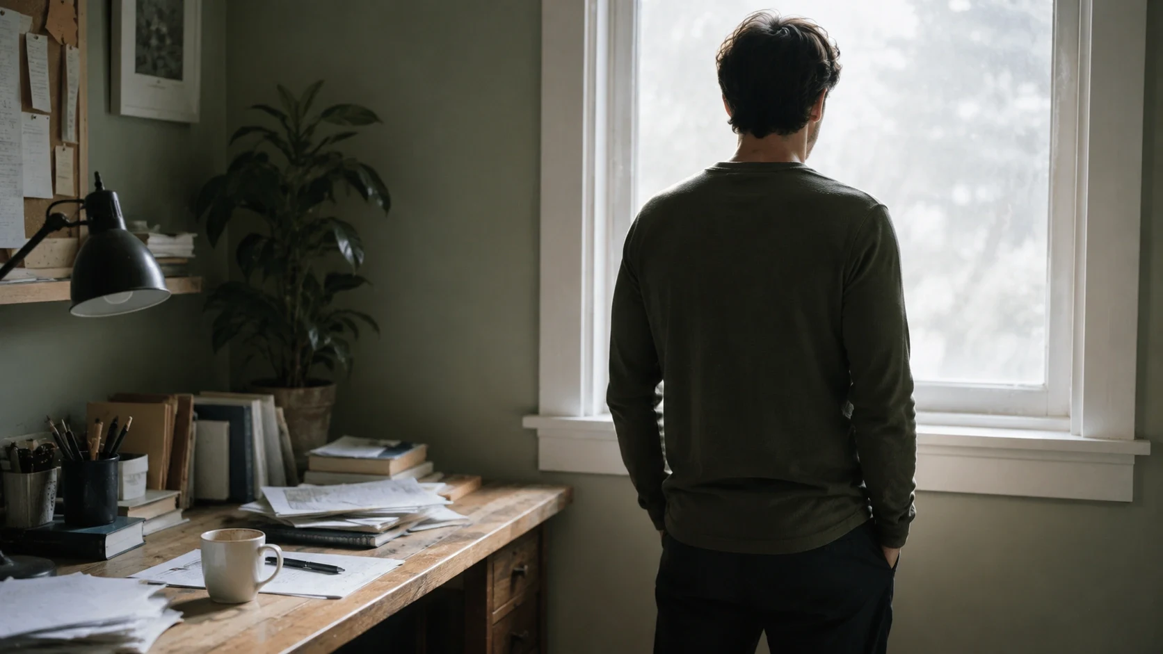 Man stepping away from his desk between focus blocks, the break the ultradian rhythm theory is built around